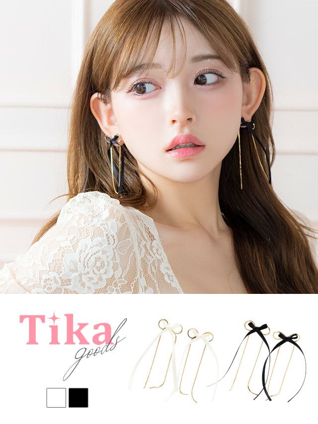 ゴールドチェーン ロング リボン ピアス