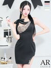 キャバドレス ミニドレス Angel-R エンジェルアール 　高級アシンメトリーノースリーブリボンくびれビジューフラワータイトミニドレス