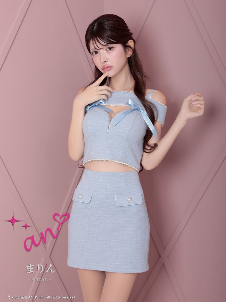 キャバドレス an アン オフショルダーツイードリボンパールボタンジップデザインタイトミニドレス