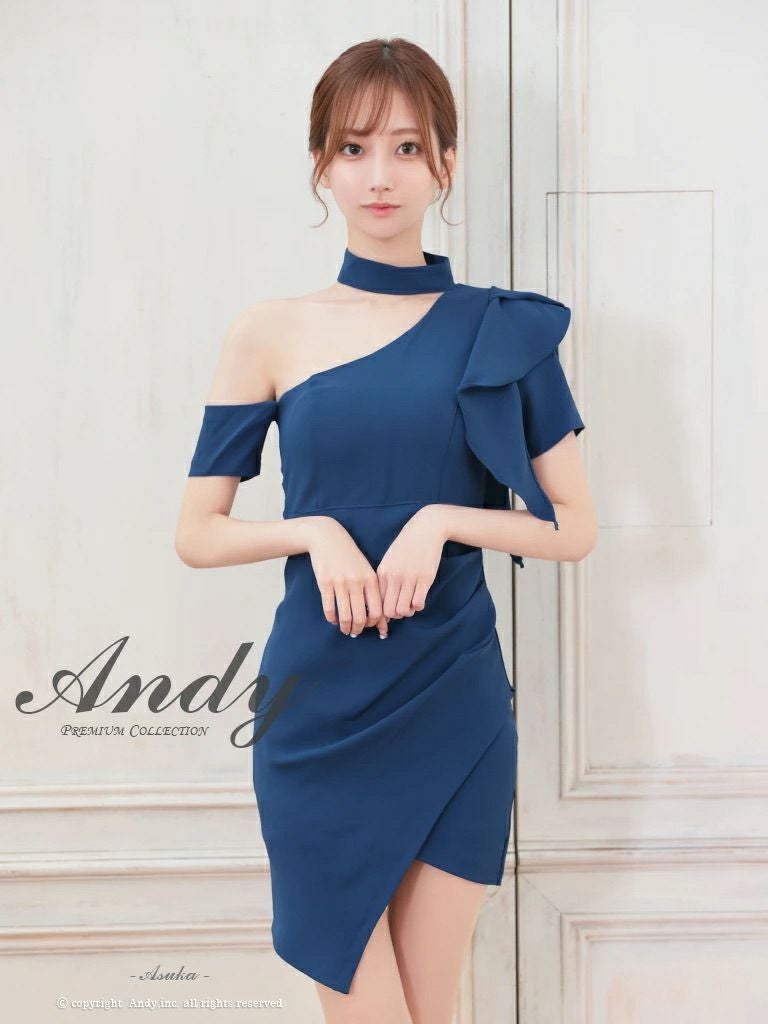 キャバドレス Andy アンディ ホルターネックワンショルダーアシンメトリーフリルタイトミニドレス