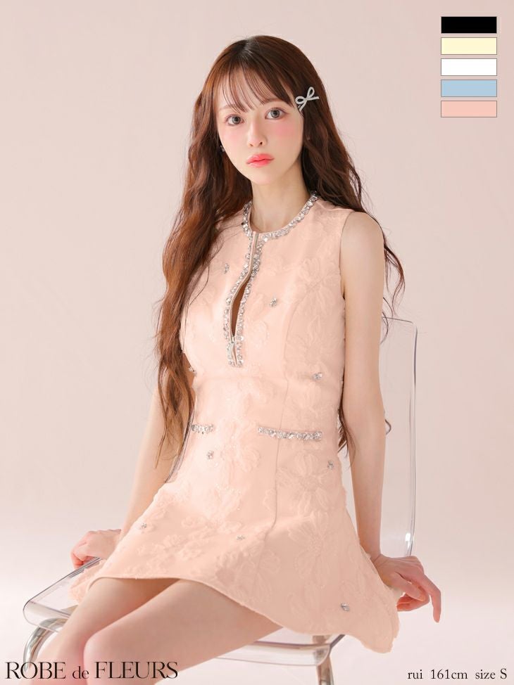 キャバドレス ミニドレス ROBEdeFLEURS ローブドフルール　高級ノースリーブフラワーデザインレースビジューラインフレアミニドレス