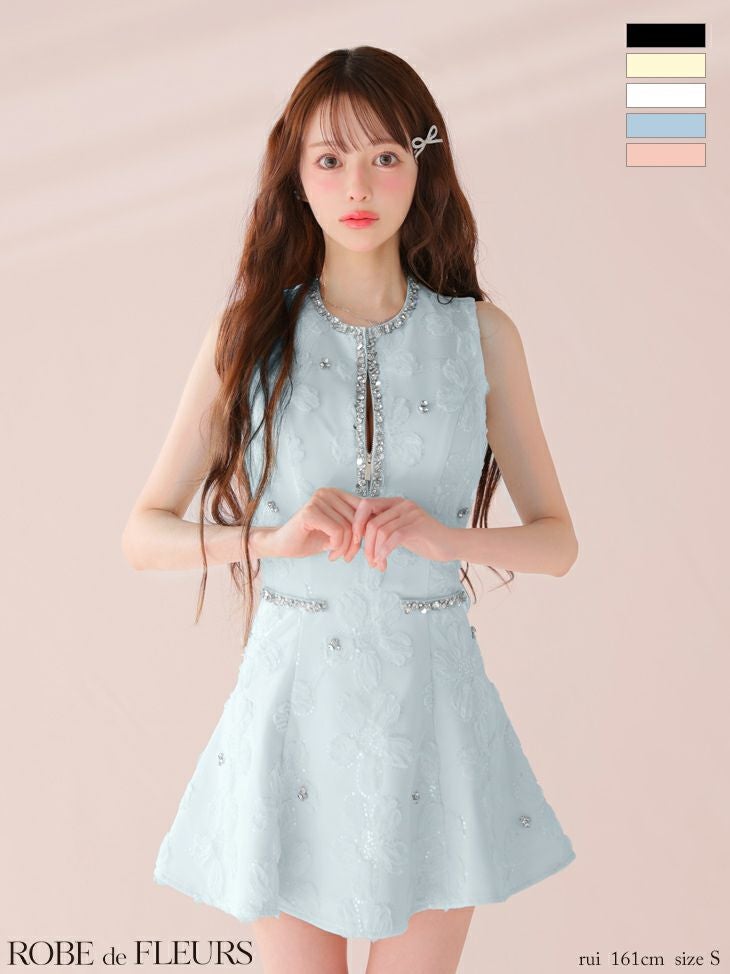 キャバドレス ミニドレス ROBEdeFLEURS ローブドフルール　高級ノースリーブフラワーデザインレースビジューラインフレアミニドレス