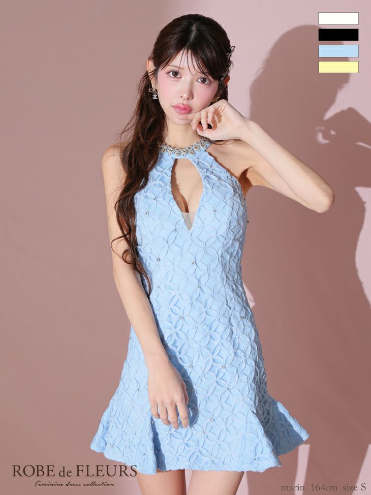 キャバドレス ミニドレス ROBEdeFLEURS ローブドフルール　高級ホルターネックバストカットビジューネック裾フリルタイトミニドレス