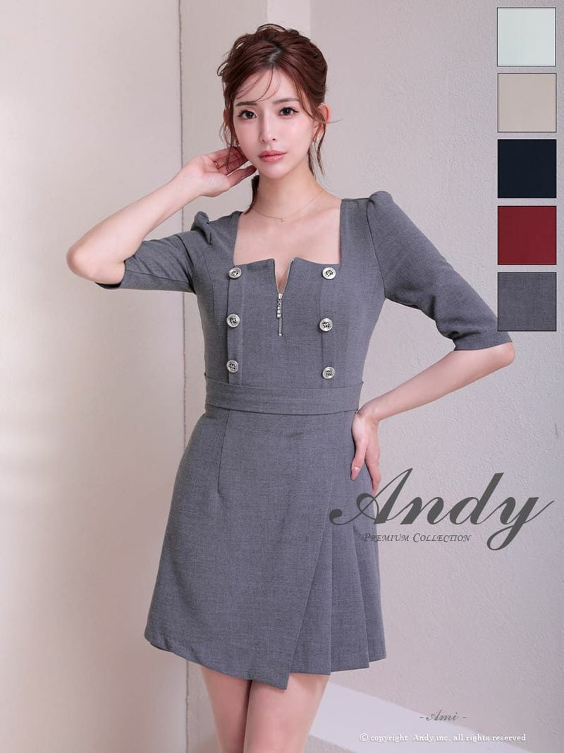 キャバドレス Andy アンディ 高級 ジップアップ 金ボタン 七部丈 リボン プリーツ タイトミニドレス