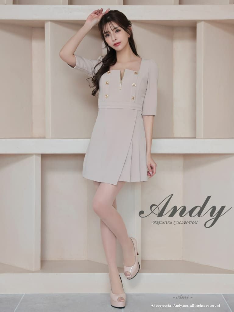 キャバドレス Andy アンディ 高級 ジップアップ金ボタン七部丈リボンプリーツタイトミニドレス