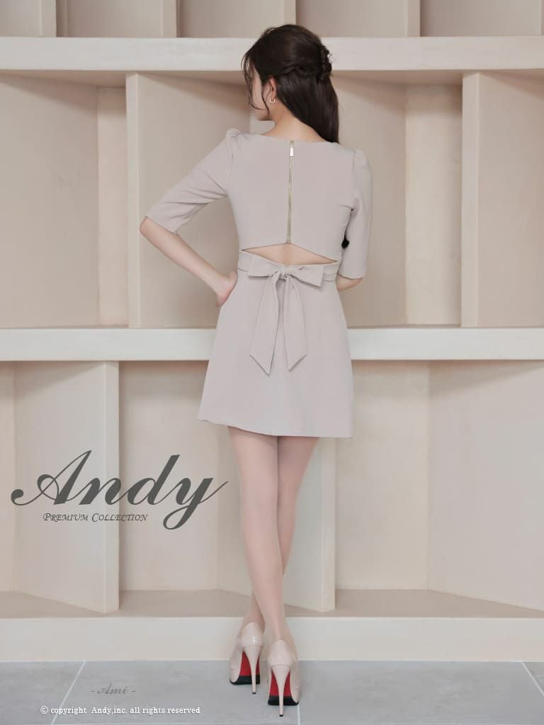 キャバドレス Andy アンディ 高級 ジップアップ金ボタン七部丈リボンプリーツタイトミニドレス