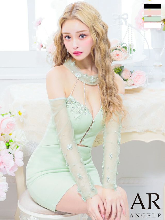 キャバドレス ミニドレス Angel-R エンジェルアール 　高級2way長袖肩あきホルターネックウエストカットフラワービジュータイトミニドレス
