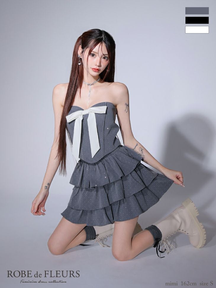 キャバドレス ミニドレス ROBEdeFLEURS ローブドフルール　高級ベアトップセットアップフリルドット柄スタッズリボンフレアミニドレス