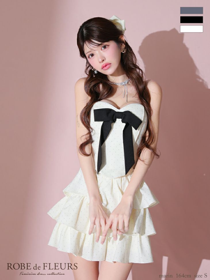 キャバドレス ミニドレス ROBEdeFLEURS ローブドフルール　高級ベアトップセットアップフリルドット柄スタッズリボンフレアミニドレス