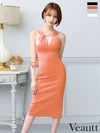 キャバドレス 膝丈ドレス Veautt/ヴュート 高級ホルターネックバストカットバッククロスビジュータイト膝丈ドレス