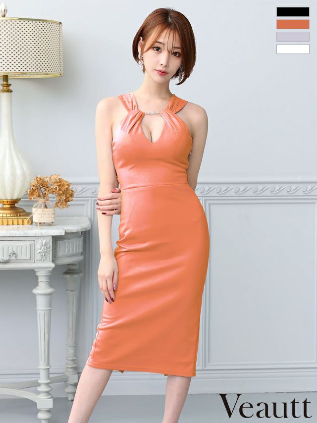 キャバドレス 膝丈ドレス Veautt/ヴュート 高級ホルターネックバストカットバッククロスビジュータイト膝丈ドレス