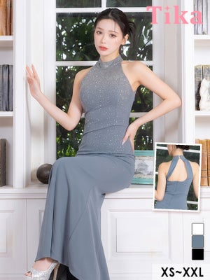 キラキラストーンホルターネックストレッチ胸元カバー タイトロングドレス (XSサイズ～XXLサイズ) (せいせい/キャバドレス着用)