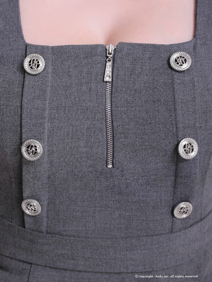 高級 ジップアップ金ボタン七部丈 リボンプリーツタイトミニドレス