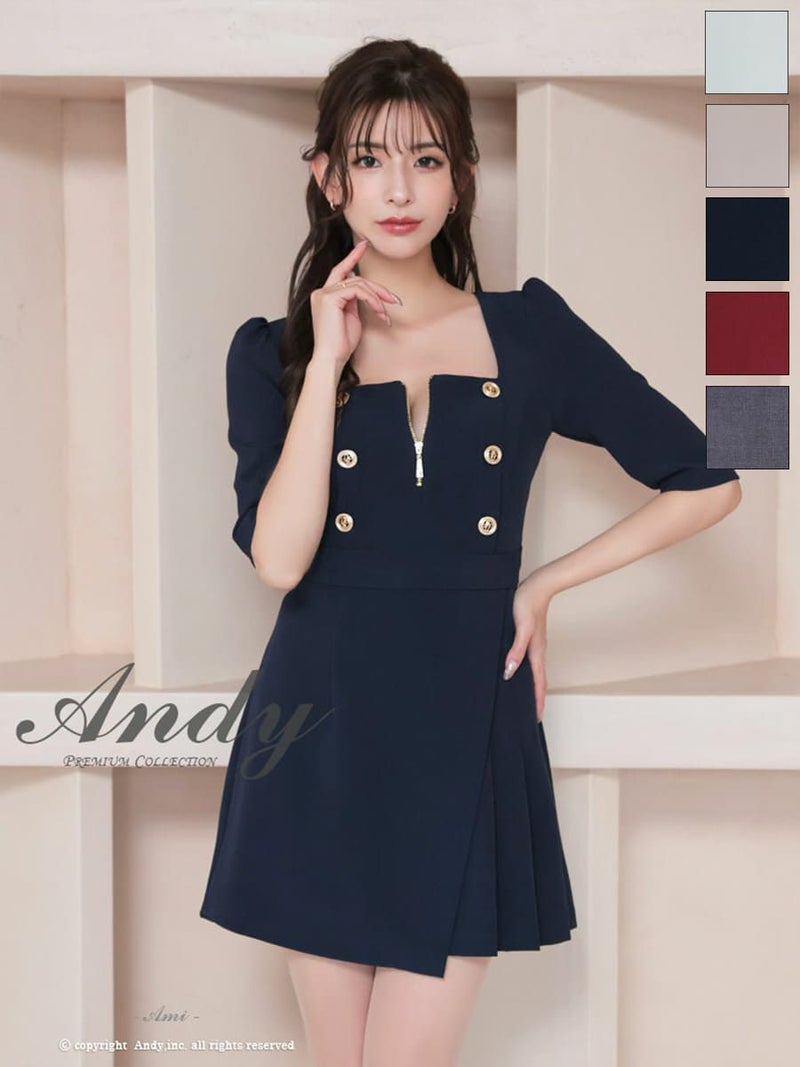 高級 ジップアップ金ボタン七部丈 リボンプリーツタイトミニドレス
