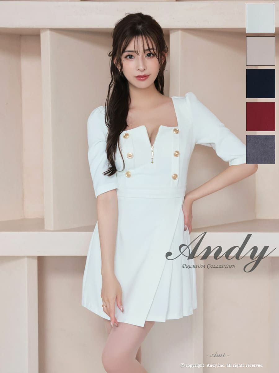 高級 ジップアップ金ボタン七部丈 リボンプリーツタイトミニドレス