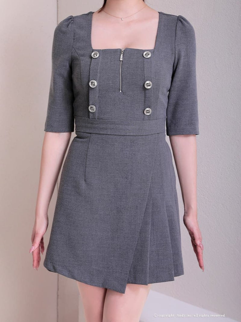 高級 ジップアップ金ボタン七部丈 リボンプリーツタイトミニドレス