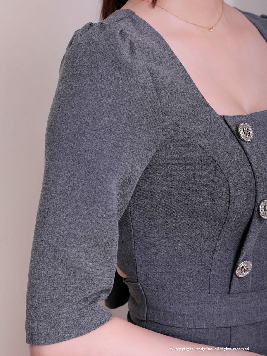 高級 ジップアップ金ボタン七部丈 リボンプリーツタイトミニドレス