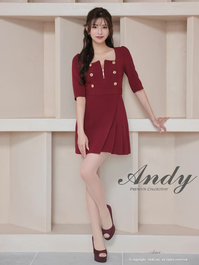 高級 ジップアップ金ボタン七部丈 リボンプリーツタイトミニドレス