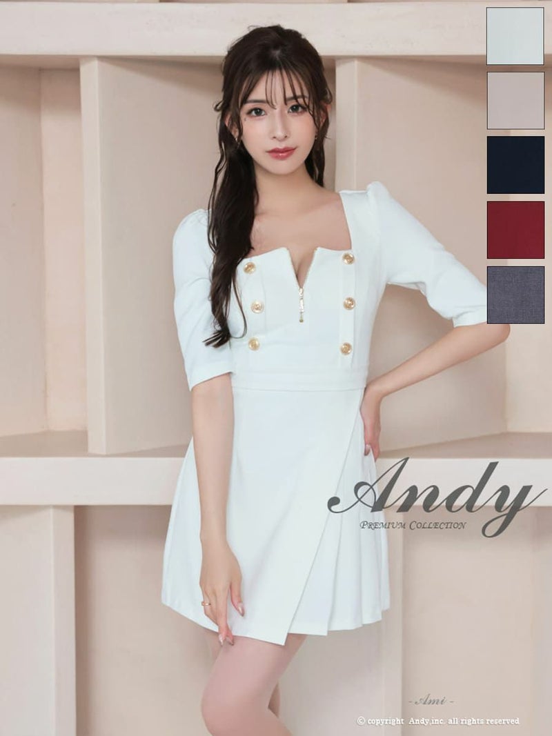 高級 ジップアップ金ボタン七部丈 リボンプリーツタイトミニドレス