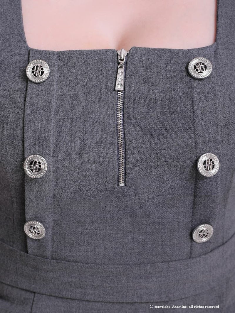 高級 ジップアップ金ボタン七部丈 リボンプリーツタイトミニドレス