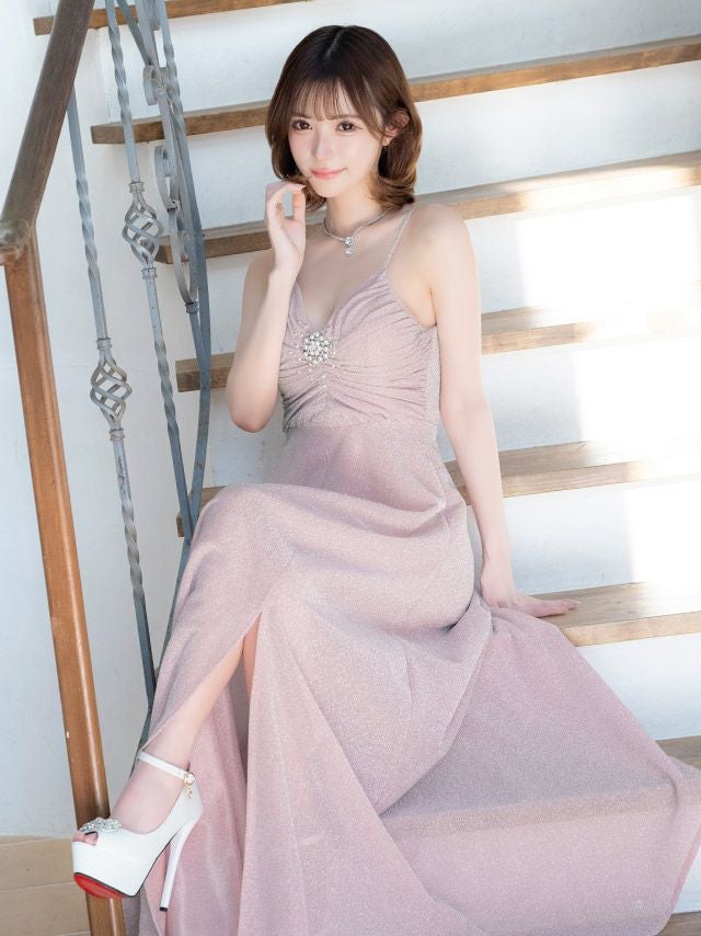 ロングドレス キャミソール バストギャザー パールビジュー グリッター