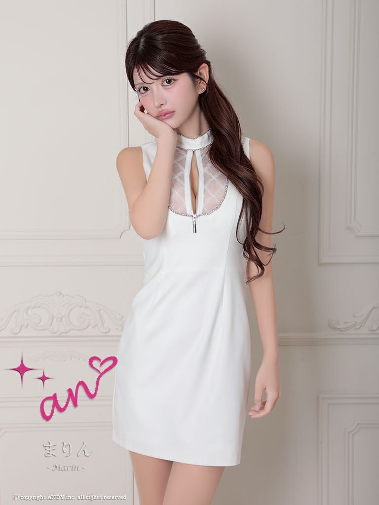 キャバドレス an アン　高級ノースリーブジップチェック柄チュールレースビジュータイトミニドレス