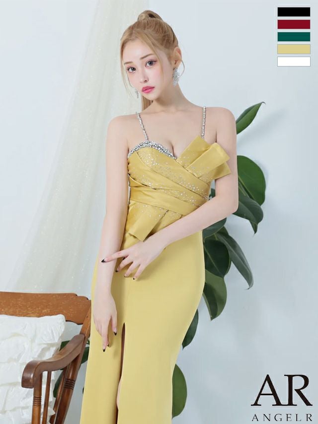 キャバドレス ロングドレス Angel-R エンジェルアール 　高級ベアトップサテンビジューデザインスリットタイトロングドレス