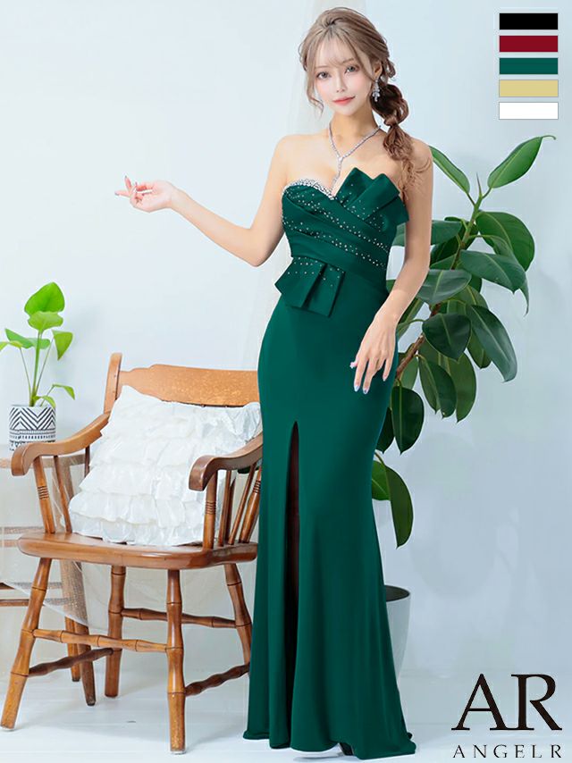 キャバドレス ロングドレス Angel-R エンジェルアール 　高級ベアトップサテンビジューデザインスリットタイトロングドレス