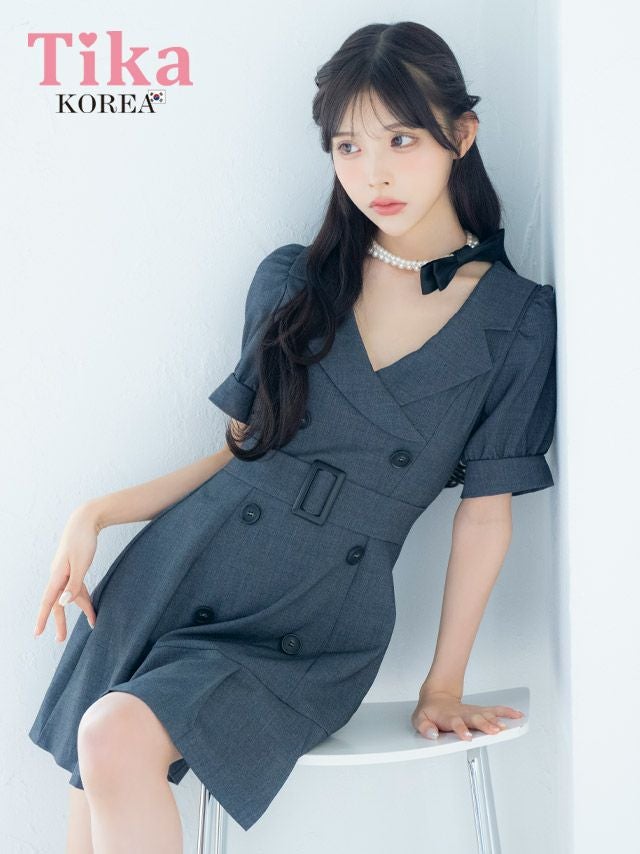 メイン画像 キャバドレス 韓国 ミニドレス 襟付き ウエストベルト 半袖 パフスリーブ ワンピース グレー Aライン キャバドレス (緩苺着用) [tk-mdk133]