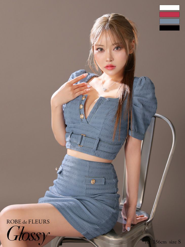 キャバドレス ミニドレス ROBEdeFLEURSGlossy ローブドフルールグロッシー高級半袖セットアップウエストベルトボタンスクエアネックタイトミニドレス