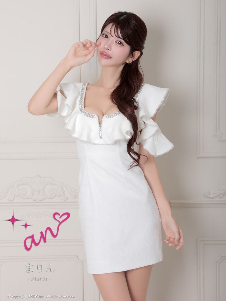 キャバドレス an アン 高級半袖ジップデザインフリルビジュー肩開きタイトミニドレス