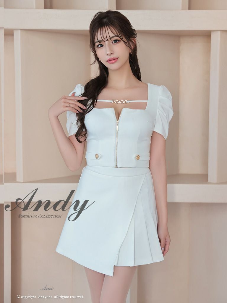 キャバドレス Andy アンディ 半袖パフスリーブセットアップウエストカットワンカラープリーツジップデザインジップフレアミニドレス