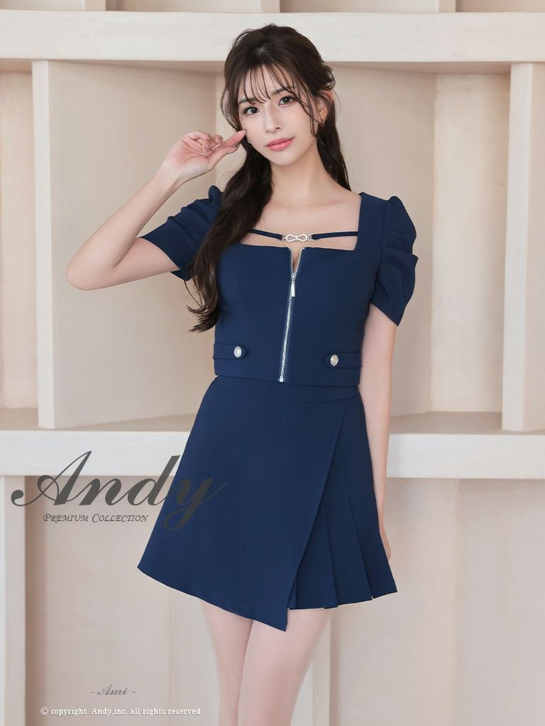 キャバドレス Andy アンディ 半袖パフスリーブセットアップウエストカットワンカラープリーツジップデザインジップフレアミニドレス