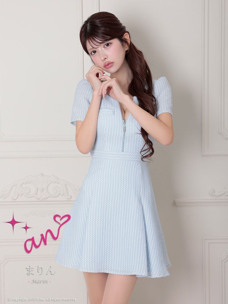 キャバドレス an アン 半袖ストライプジップデザインポケットデザインワンカラーフレアミニドレス