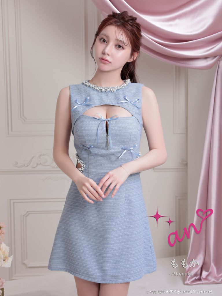 キャバドレス an アン ノースリーブバストカットジップジップデザインリボンパールくびれ透けフレアミニドレス