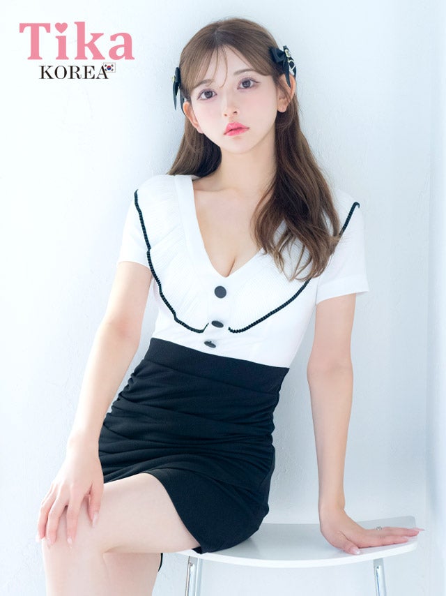 メイン画像 キャバドレス 韓国 ミニドレス パイピングフリル 襟付き ウエスト切替 ラップギャザー タイト キャバドレス (黒崎みさ着用) [tk-mdk141]