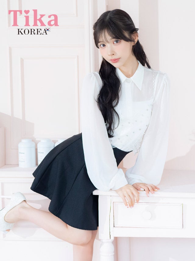 メイン画像 キャバドレス 韓国 ワンピース セットアップ キラキラ ビスチェ 長袖 袖あり シアー 襟付きシャツ 胸元カバー Aライン キャバドレス (緩苺着用) [tk-mdsk147]