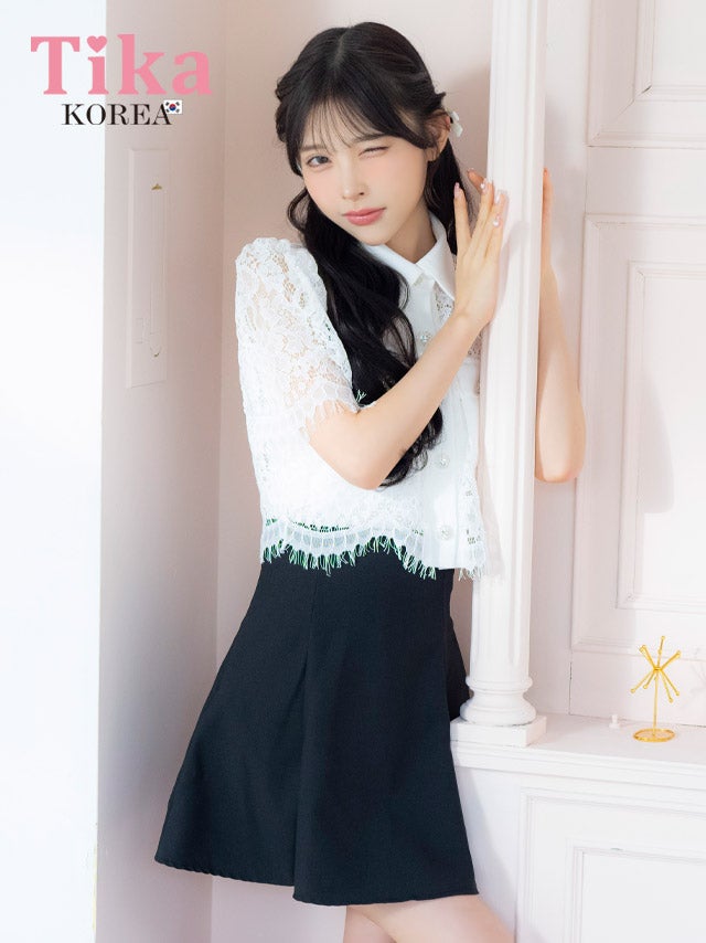 メイン画像 キャバドレス 韓国 ワンピース セットアップ 袖あり 襟付き スカラップレース シャツ 胸元カバー Aライン キャバドレス (緩苺着用) [tk-mdsk149]