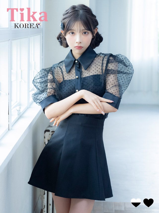 メイン画像 キャバドレス 韓国 ワンピース セットアップ 襟付き 半袖 ドット柄 シアーシャツ Aライン キャバドレス (緩苺着用) [tk-mdsk150]