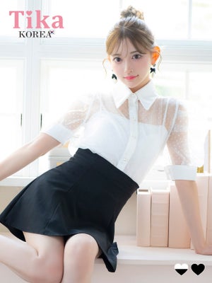  韓国ドレス ワンピース セットアップ 襟付き 半袖 ドット柄 シアーシャツ Aライン キャバドレス (黒崎みさ着用) [tk-mdsk150a]