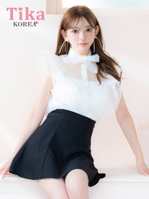  韓国ドレス ワンピース セットアップ ノースリーブ フリル 胸元カバー ボウタイネック リボン シアーシャツ Aライン キャバドレス (黒崎みさ着用) [tk-mdsk151]