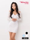 キャバドレス myMinette マイミネット 肩あき オフショルダー フロントリボン 長袖 総レース タイト ミニドレス