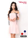 キャバドレス myMinette マイミネット ワンカラー 肩あき オフショルダー リボン ワッフル フレア ミニドレス