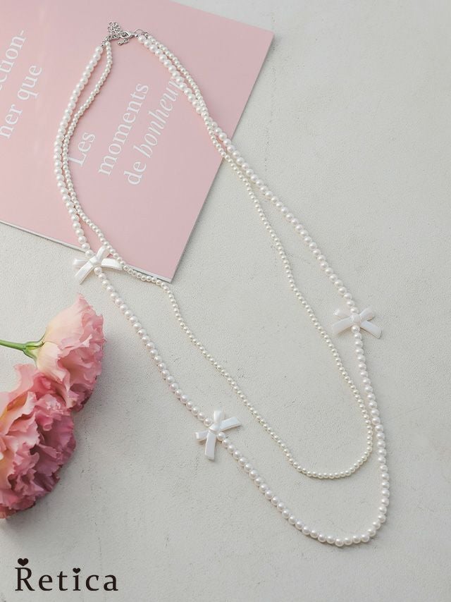 ネックレス パール ロング ロングネックレス リボン 2連 ホワイトパール アクセサリー