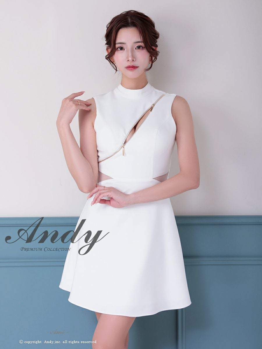 キャバドレス Andy アンディ 高級 ノースリーブ ジップデザイン シアー くびれ バックカット リボン フレア ミニドレス