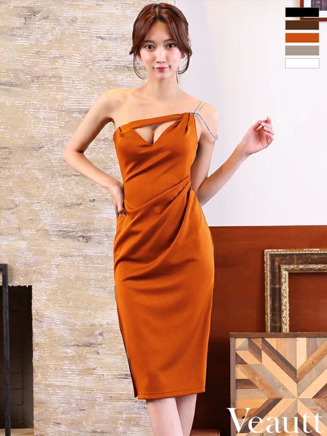 キャバドレス 膝丈ドレス Veautt/ヴュート 高級 バストカット ビジュー ワンショルダー 谷間魅せ ファスナースリット タイト 膝丈ドレス