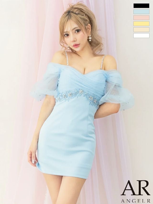 キャバドレス ミニドレス Angel-R エンジェルアール 高級 シフォン 肩あき フラワー刺繍 ビジュー タイトミニドレス