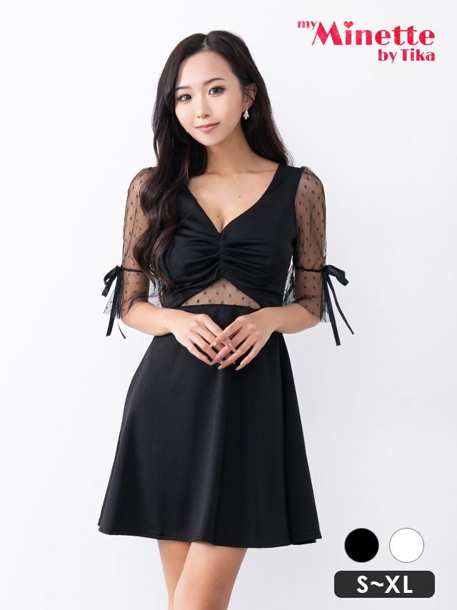 キャバドレス myMinette マイミネット ドット柄 袖あり シースルー ウエストカット フレア ミニドレス