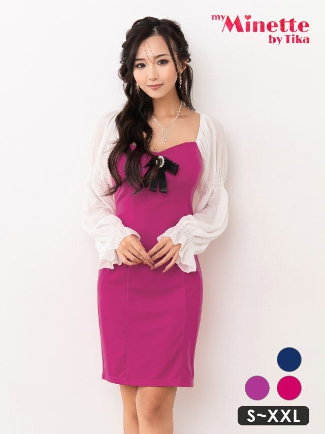 キャバドレス myMinette マイミネット シフォン長袖 胸元リボン付き ハートカット タイト ミニドレス
