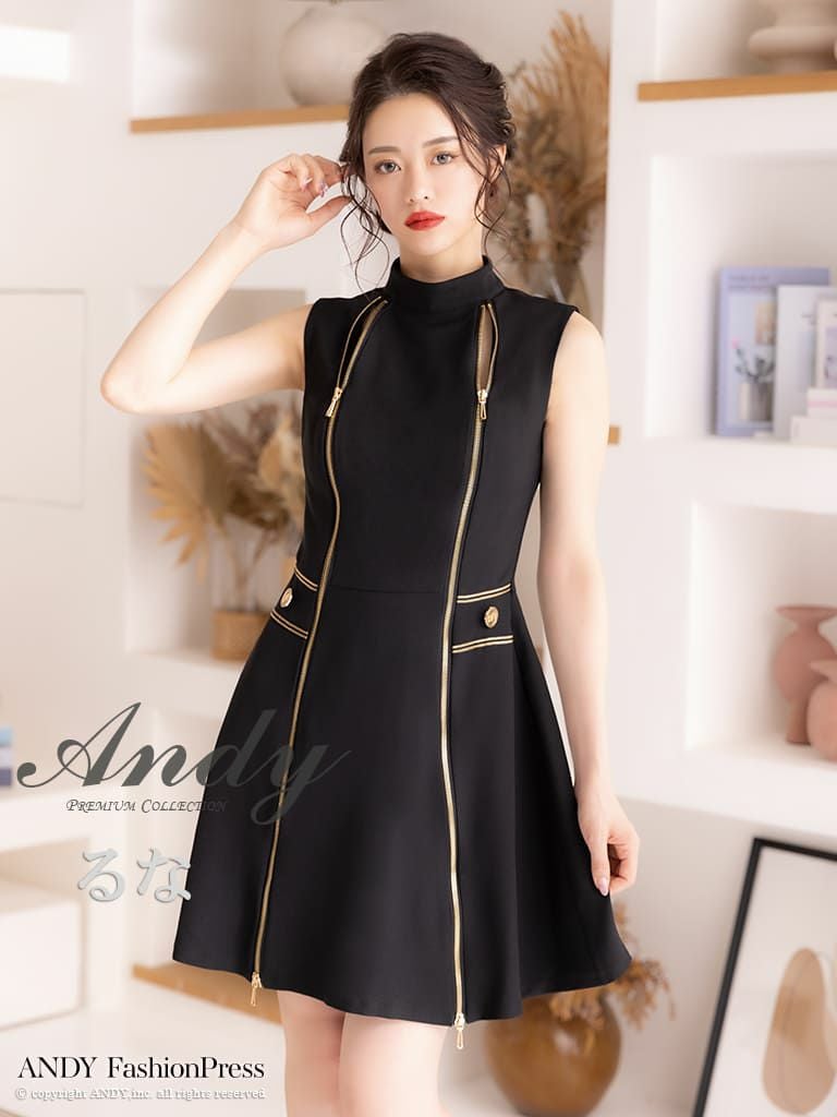キャバドレス Andy アンディ 高級 ノースリーブ ジップ ゴールドボタン ワンカラー フレア ミニドレス
